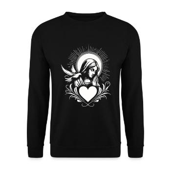 Heilige Maria mit Herz und Friedenstaube - Unisex Pullover - Schwarz - Vorne - Alina (178cm) & Michal (187cm)