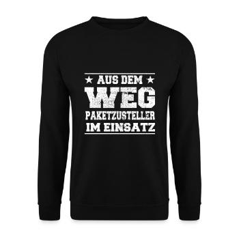 Aus dem Weg Paketzusteller im Einsatz Design - Unisex Pullover - Schwarz - Vorne - Alina (178cm) & Michal (187cm)