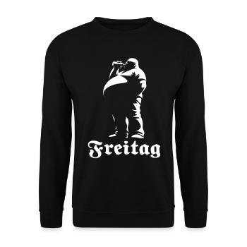 Freitag Design - Start ins Wochenende mit Bier - Unisex Pullover - Schwarz - Vorne - Alina (178cm) & Michal (187cm)