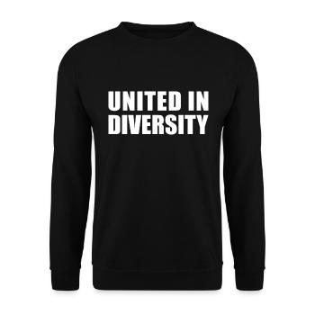 UNITED IN DIVERSITY SPRUCH GESCHENK PRIDE HUMANITY - Unisex Pullover - Schwarz - Vorne - Alina (178cm) & Michal (187cm)