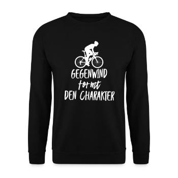 Fahrrad Gegenwind formt den Charakter Spruch - Unisex Pullover - Schwarz - Vorne - Alina (178cm) & Michal (187cm)