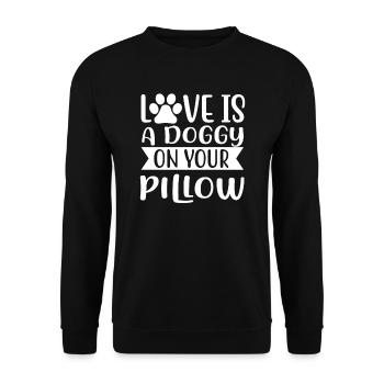 Liebe ist ein Hündchen auf Deinem Kopfkissen - Unisex Pullover - Schwarz - Vorne - Alina (178cm) & Michal (187cm)