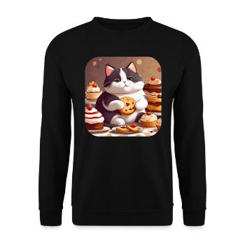 Niedliche dicke Katze mit Keksen und Kuchen - Unisex Pullover - Schwarz - Vorne - Alina (178cm) & Michal (187cm)