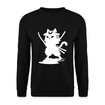 Samurai Katze Silhouetten Design - Unisex Pullover - Schwarz - Vorne - Alina (178cm) & Michal (187cm)