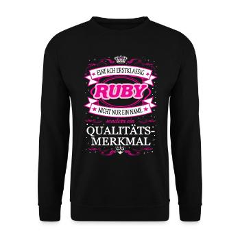 Qualitätsmerkmal Ruby einfach Erstklassig - Unisex Pullover - Schwarz - Vorne - Alina (178cm) & Michal (187cm)