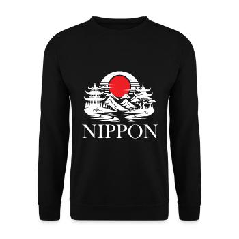 Japon Design, Paysage avec lever de soleil rouge - Sweat-shirt Unisexe - noir - Devant - Alina (178cm) & Michal (187cm)