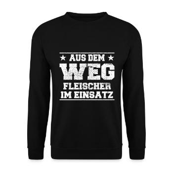 Aus dem Weg Fleischer im Einsatz Design - Unisex Pullover - Schwarz - Vorne - Alina (178cm) & Michal (187cm)
