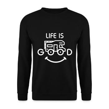 Life is good im Wohnmobil beim Camping mit Reise - Unisex Pullover - Schwarz - Vorne - Alina (178cm) & Michal (187cm)