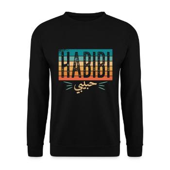arabische Schrift Habibi Geschenkidee auf arabisch - Unisex Pullover - Schwarz - Vorne - Alina (178cm) & Michal (187cm)