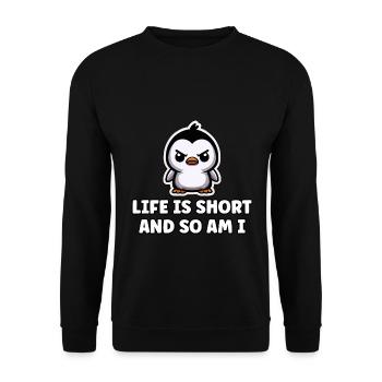 Funny Penguin Saying Short Person Gift - Unisex Sweatshirt - black - Front - Alina (178cm) & Michal (187cm)
