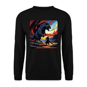 Wikinger Krieger gegen Fenris Wolf - Unisex Pullover - Schwarz - Vorne - Alina (178cm) & Michal (187cm)