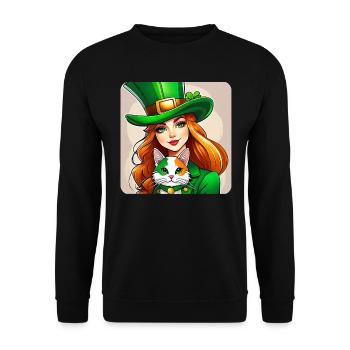 Leprechaun de la Saint-Patrick avec chat - Sweat-shirt Unisexe - noir - Devant - Alina (178cm) & Michal (187cm)