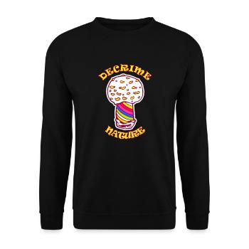 Decrime Nature Colorful Magic Mushroom Trippy - Unisex Pullover - Schwarz - Vorne - Alina (178cm) & Michal (187cm)