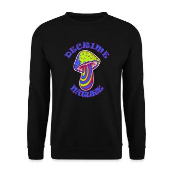 Decrime Nature Colorful Magic Mushroom Trippy - Unisex Pullover - Schwarz - Vorne - Alina (178cm) & Michal (187cm)