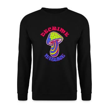 Decrime Nature Colorful Magic Mushroom Trippy - Unisex Pullover - Schwarz - Vorne - Alina (178cm) & Michal (187cm)