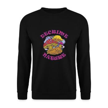 Decrime Nature Colorful Magic Mushroom Trippy - Unisex Pullover - Schwarz - Vorne - Alina (178cm) & Michal (187cm)