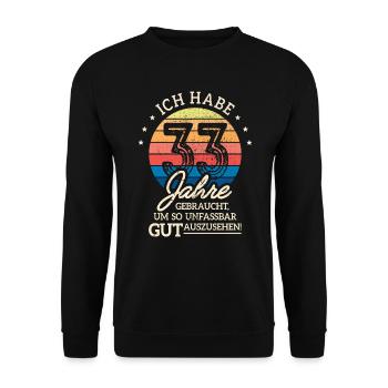 33. Geburtstag Geschenk Habe 33 Jahre Gebraucht - Unisex Pullover - Schwarz - Vorne - Alina (178cm) & Michal (187cm)