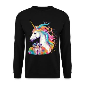Einhorn Regenbogen Schloss Bunt Magie Fantasie - Unisex Pullover - Schwarz - Vorne - Alina (178cm) & Michal (187cm)