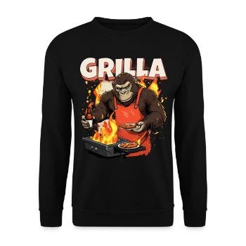 Grillen Grilla Griller Gorilla BBQ Spruch Lustig - Unisex Pullover - Schwarz - Vorne - Alina (178cm) & Michal (187cm)