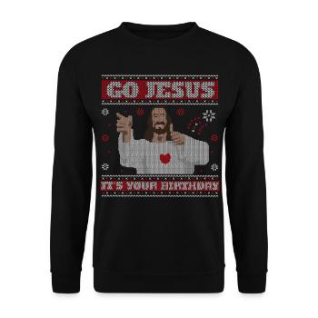 Go Jesus It's Your Birthday | Ugly Christmas - Unisex Pullover - Schwarz - Vorne - Alina (178cm) & Michal (187cm)