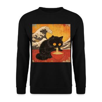 Japan Cat Ramen Noodles Retro Wave Pattern - Unisex Sweatshirt - black - Front - Alina (178cm) & Michal (187cm)