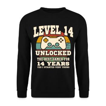 Stufe 14 freigeschaltet – 14. Jahrestag - Unisex Pullover - Schwarz - Vorne - Alina (178cm) & Michal (187cm)