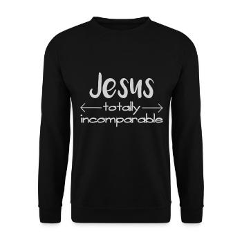 Christian Design Jesus, völlig unvergleichlich - Unisex Pullover - Schwarz - Vorne - Alina (178cm) & Michal (187cm)