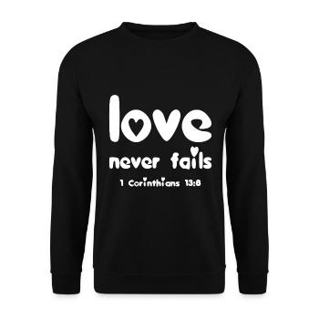 Christliche Designliebe versagt nie 1. Korinther - Unisex Pullover - Schwarz - Vorne - Alina (178cm) & Michal (187cm)