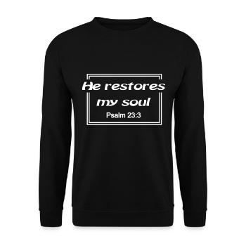 Christliches Design Er stellt meine Seele wieder her Psalm 23 - Unisex Pullover - Schwarz - Vorne - Alina (178cm) & Michal (187cm)