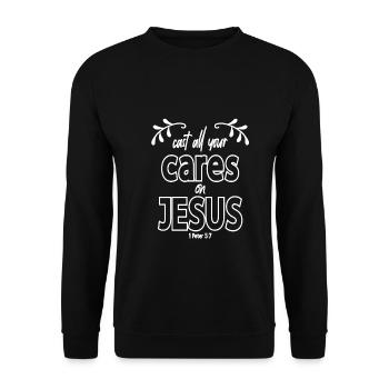 Christian Design Wirf all deine Sorgen auf Jesus 1 - Unisex Pullover - Schwarz - Vorne - Alina (178cm) & Michal (187cm)