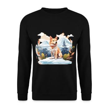 Hokkaido Hund in den Bergen - Unisex Pullover - Schwarz - Vorne - Alina (178cm) & Michal (187cm)