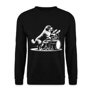 Rhythmuspfote - Berner Sennenhund am Schlagzeug - Unisex Pullover - Schwarz - Vorne - Alina (178cm) & Michal (187cm)