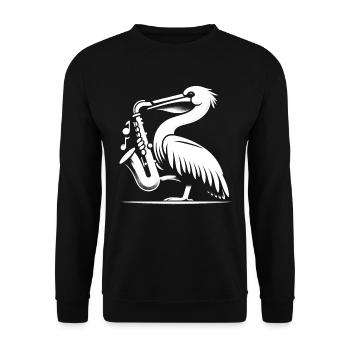 Saxophon-Schwingen - Pelikan mit Saxophon - Unisex Pullover - Schwarz - Vorne - Alina (178cm) & Michal (187cm)