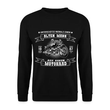 Biker Motorrad Geschenk | Alter Mann auf Motorrad - Unisex Pullover - Schwarz - Vorne - Alina (178cm) & Michal (187cm)