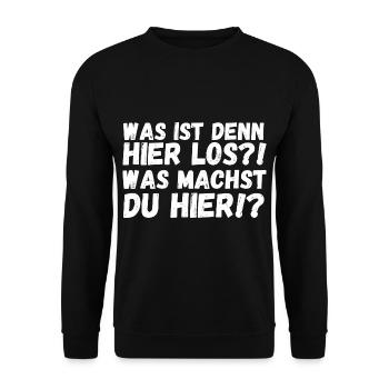 Was ist hier los? Was machst du hier? - Unisex Pullover - Schwarz - Vorne - Alina (178cm) & Michal (187cm)