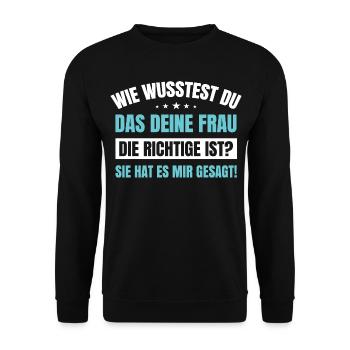 Lustiger Männer Spruch Wie wusstest Du Das Deine - Unisex Pullover - Schwarz - Vorne - Alina (178cm) & Michal (187cm)
