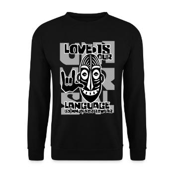 Liebe ist unsere Sprache Grafikmaske - Unisex Pullover - Schwarz - Vorne - Alina (178cm) & Michal (187cm)