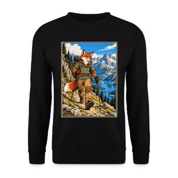 On the Trail – Fuchswanderer in den Bergen - Unisex Pullover - Schwarz - Vorne - Alina (178cm) & Michal (187cm)