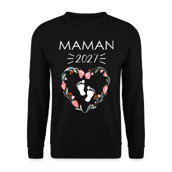 Mama 2027 – Blütenherz-Fußabdrücke - Unisex Pullover - Schwarz - Vorne - Alina (178cm) & Michal (187cm)
