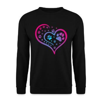Buntes Herz mit Pfoten und Sternen - Unisex Pullover - Schwarz - Vorne - Alina (178cm) & Michal (187cm)