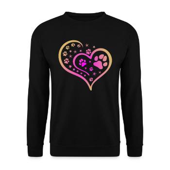 Buntes Herz mit Pfoten und Sternen - Unisex Pullover - Schwarz - Vorne - Alina (178cm) & Michal (187cm)