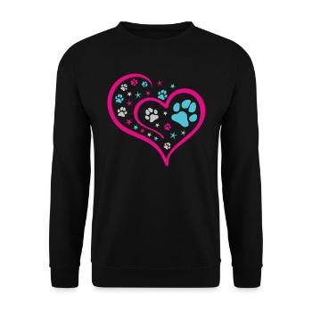 Buntes Herz mit Pfoten und Sternen - Unisex Pullover - Schwarz - Vorne - Alina (178cm) & Michal (187cm)