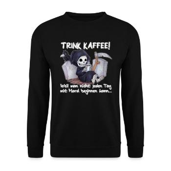 Trink Kaffee - Lustiger Chibi Grim Reaper - Unisex Pullover - Schwarz - Vorne - Alina (178cm) & Michal (187cm)