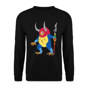 Einäugiges Fantasy Monster mit Hörnern und Speer - Unisex Pullover - Schwarz - Vorne - Alina (178cm) & Michal (187cm)
