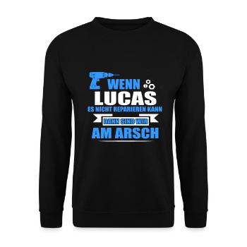 LUCAS -Geschenk - Unisex Pullover - Schwarz - Vorne - Alina (178cm) & Michal (187cm)