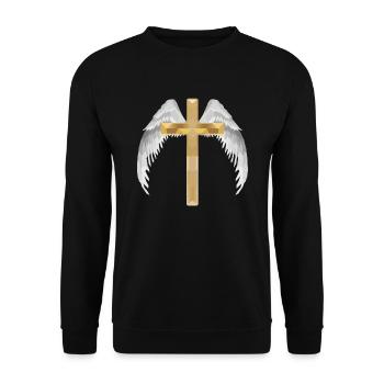 Polygon Kreuz mit Flügel - Unisex Pullover - Schwarz - Vorne - Alina (178cm) & Michal (187cm)