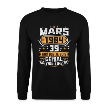 Rétro Cadeau D'anniversaire 39 Ans Mars 1984 - Sweat-shirt Unisexe - noir - Devant - Alina (178cm) & Michal (187cm)