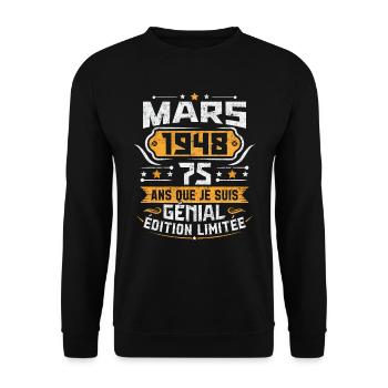 Rétro Cadeau D'anniversaire 75 Ans Mars 1948 - Sweat-shirt Unisexe - noir - Devant - Alina (178cm) & Michal (187cm)
