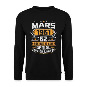 Rétro Cadeau D'anniversaire 62 Ans Mars 1961 - Sweat-shirt Unisexe - noir - Devant - Alina (178cm) & Michal (187cm)