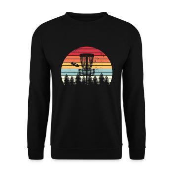 Disc Golf Retro Distressed Bäume Sonnenuntergang - Unisex Pullover - Schwarz - Vorne - Alina (178cm) & Michal (187cm)